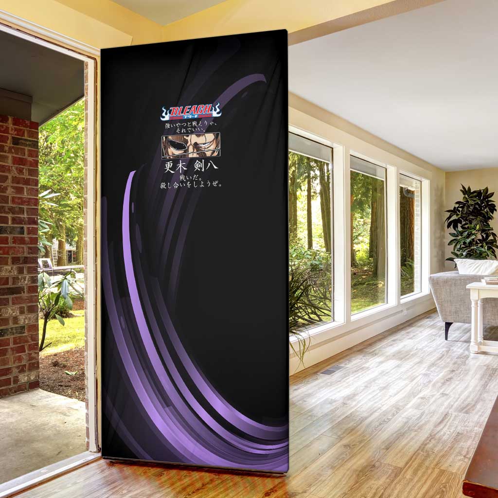 Kenpachi Zaraki Bleach Anime Black and Purple Theme Door Cover with Battle Stance and Japanese Quote Design - The Mazicc