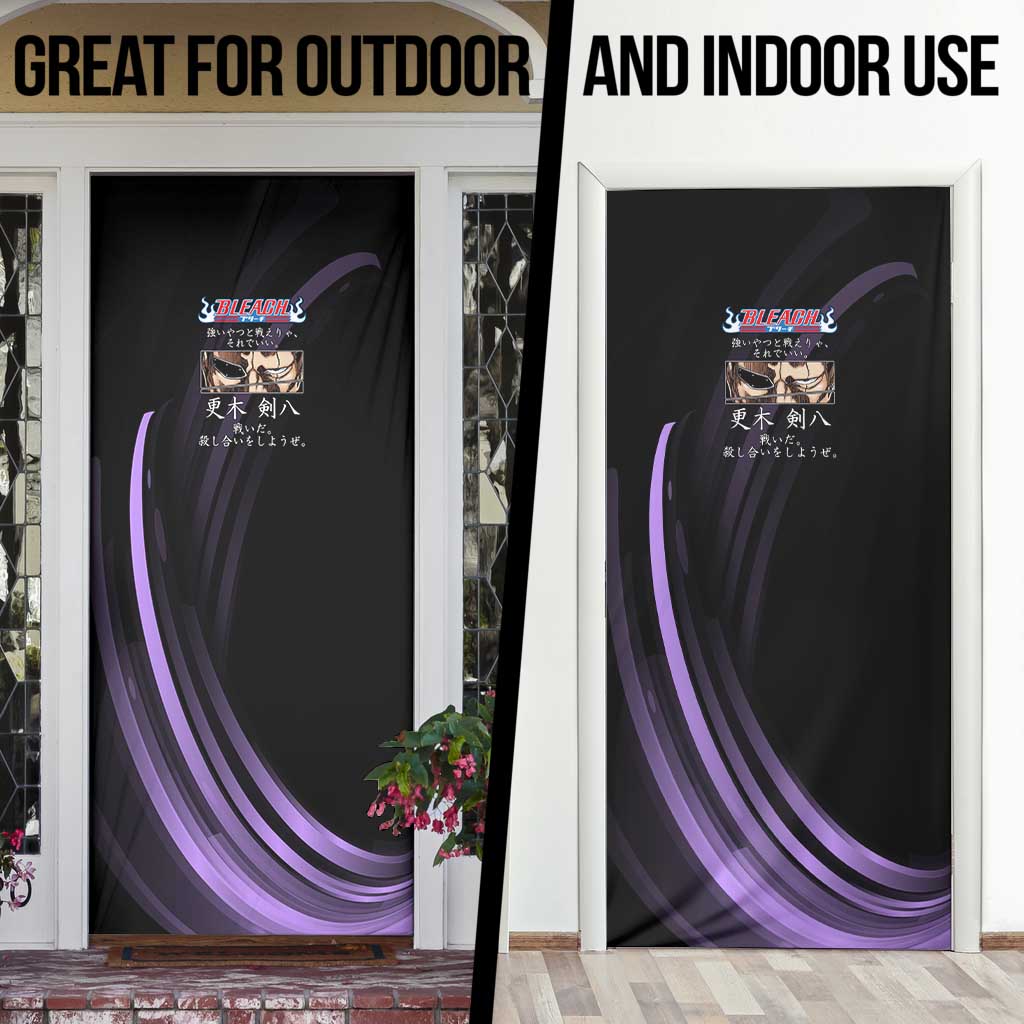 Kenpachi Zaraki Bleach Anime Black and Purple Theme Door Cover with Battle Stance and Japanese Quote Design - The Mazicc
