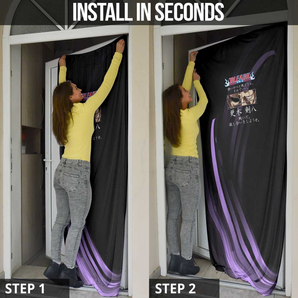 Kenpachi Zaraki Bleach Anime Black and Purple Theme Door Cover with Battle Stance and Japanese Quote Design - The Mazicc