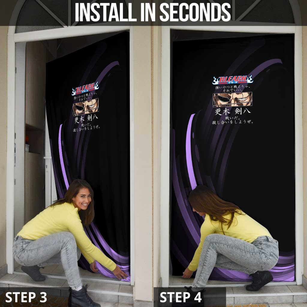 Kenpachi Zaraki Bleach Anime Black and Purple Theme Door Cover with Battle Stance and Japanese Quote Design - The Mazicc