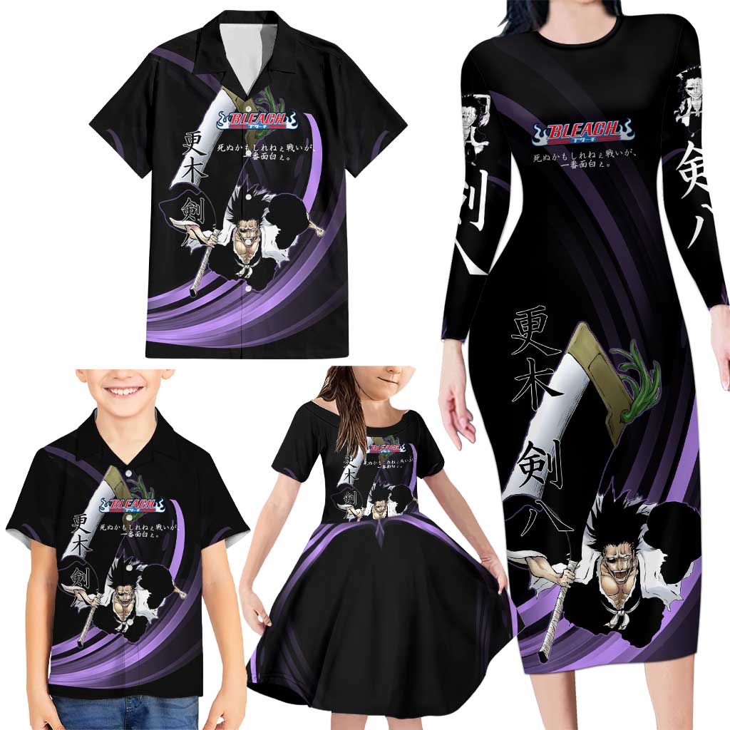 Kenpachi Zaraki Bleach Anime Black and Purple Theme Family Matching Long Sleeve Bodycon Dress and Hawaiian Shirt with Battle Stance and Japanese Quote Design
