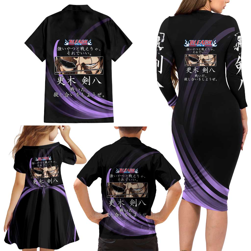 Kenpachi Zaraki Bleach Anime Black and Purple Theme Family Matching Long Sleeve Bodycon Dress and Hawaiian Shirt with Battle Stance and Japanese Quote Design
