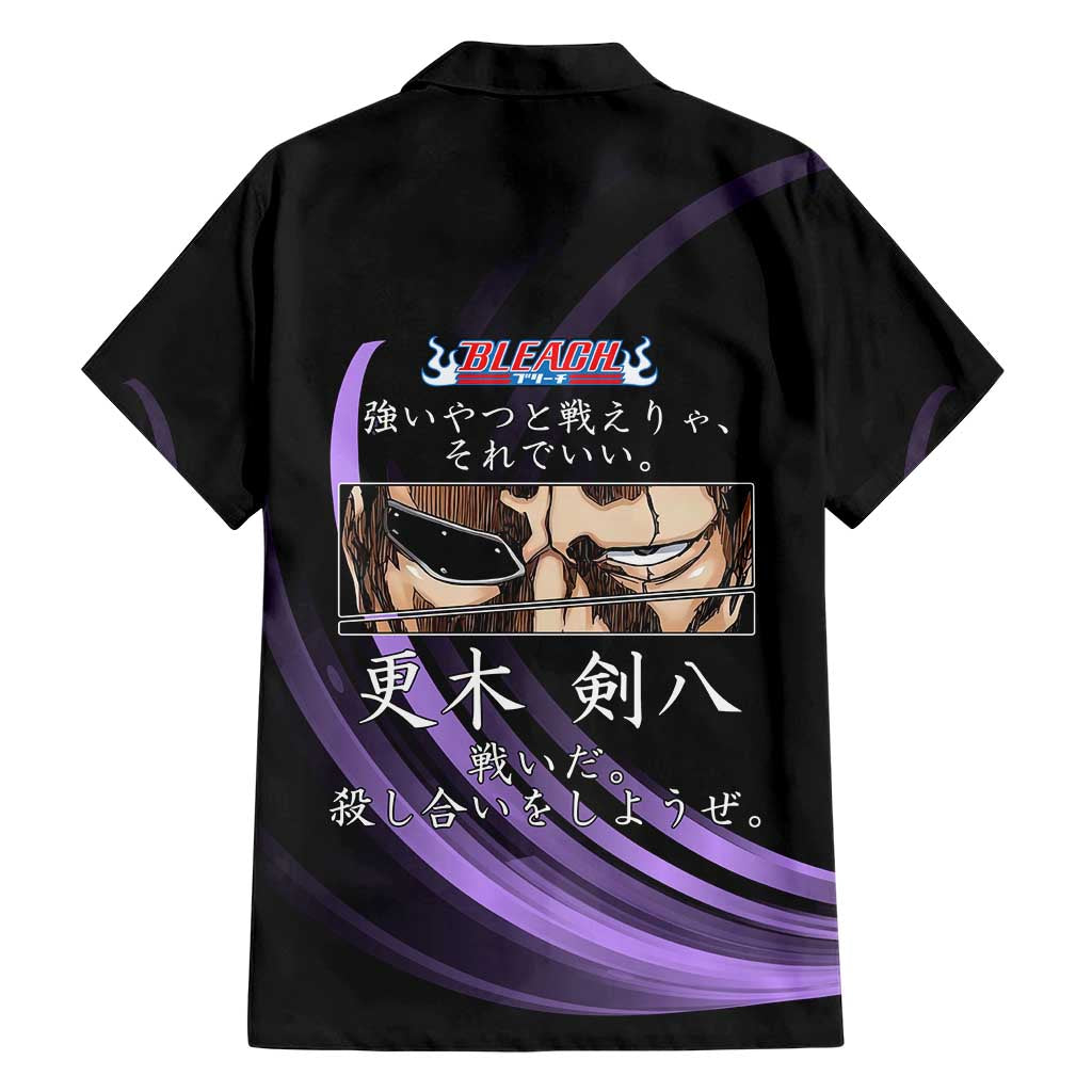 Kenpachi Zaraki Bleach Anime Black and Purple Theme Family Matching Long Sleeve Bodycon Dress and Hawaiian Shirt with Battle Stance and Japanese Quote Design