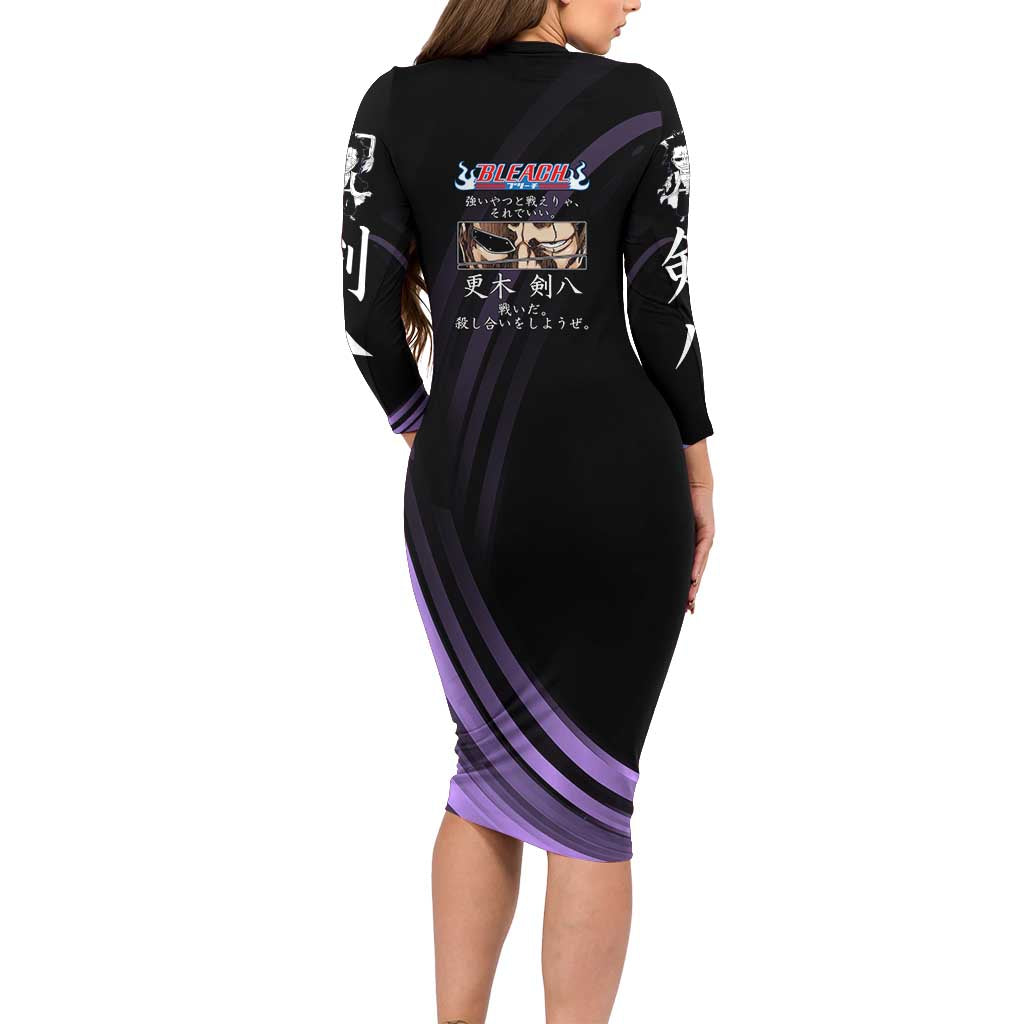Kenpachi Zaraki Bleach Anime Black and Purple Theme Family Matching Long Sleeve Bodycon Dress and Hawaiian Shirt with Battle Stance and Japanese Quote Design