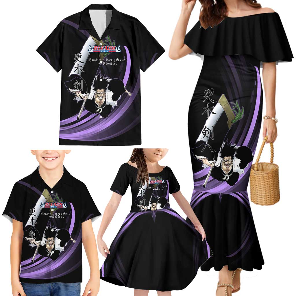 Kenpachi Zaraki Bleach Anime Black and Purple Theme Family Matching Mermaid Dress and Hawaiian Shirt with Battle Stance and Japanese Quote Design