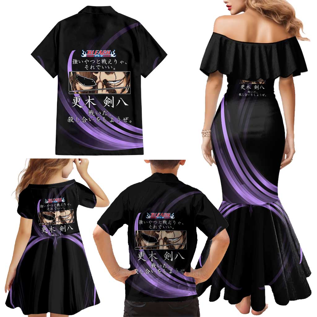 Kenpachi Zaraki Bleach Anime Black and Purple Theme Family Matching Mermaid Dress and Hawaiian Shirt with Battle Stance and Japanese Quote Design