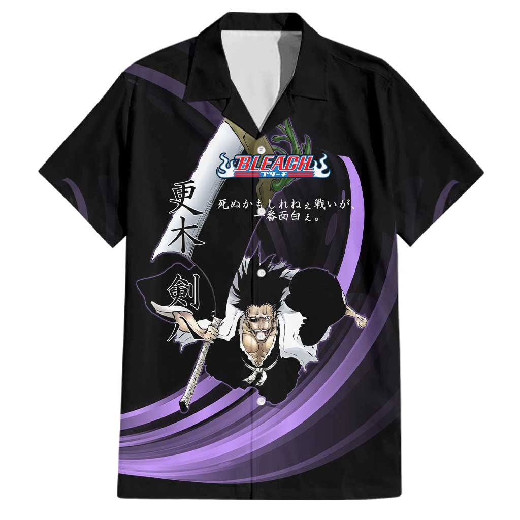 Kenpachi Zaraki Bleach Anime Black and Purple Theme Family Matching Mermaid Dress and Hawaiian Shirt with Battle Stance and Japanese Quote Design