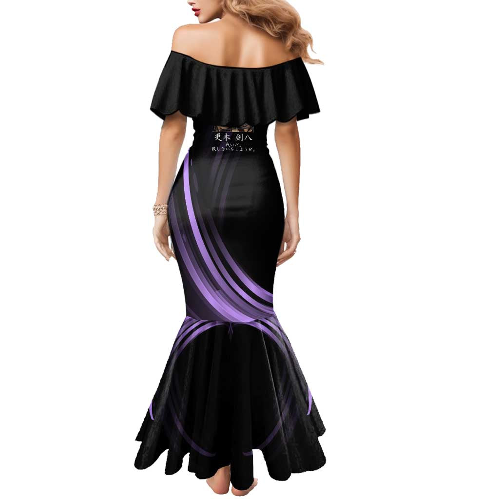 Kenpachi Zaraki Bleach Anime Black and Purple Theme Family Matching Mermaid Dress and Hawaiian Shirt with Battle Stance and Japanese Quote Design