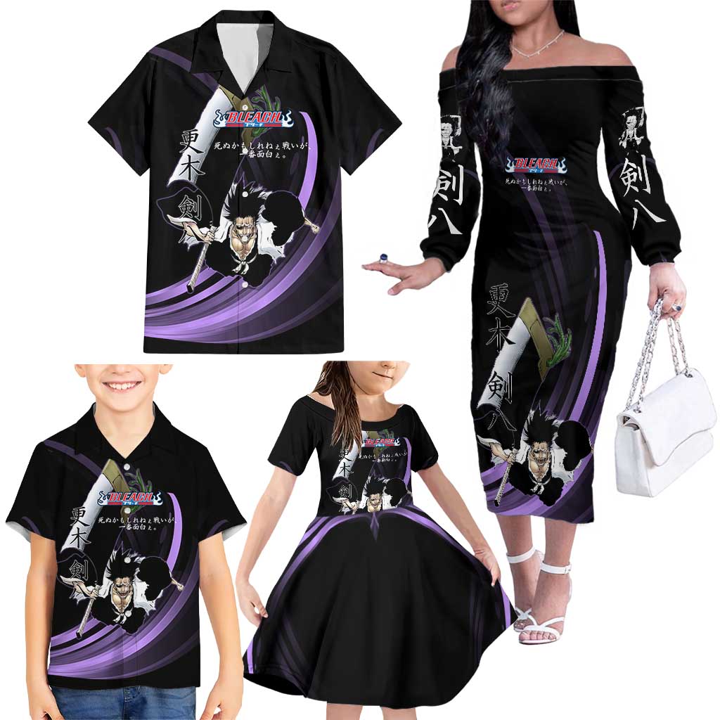 Kenpachi Zaraki Bleach Anime Black and Purple Theme Family Matching Off The Shoulder Long Sleeve Dress and Hawaiian Shirt with Battle Stance and Japanese Quote Design