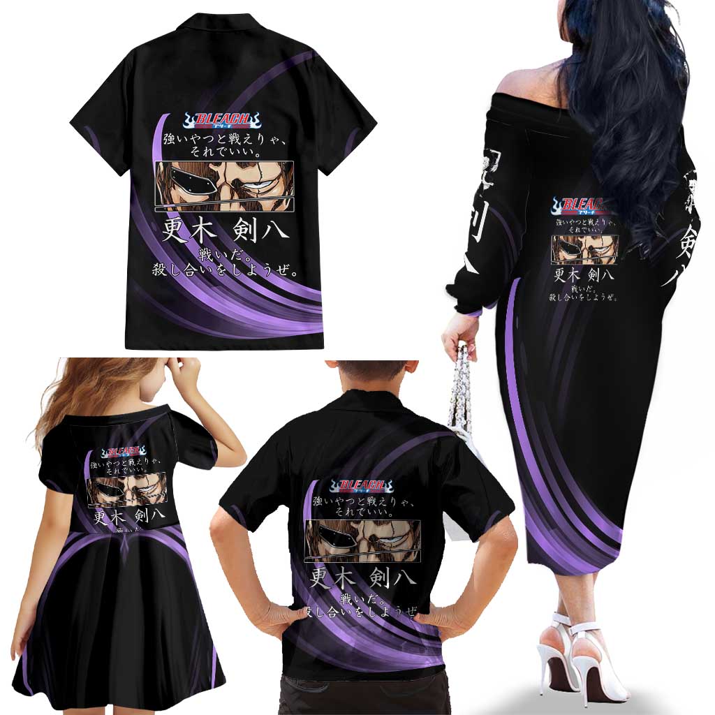 Kenpachi Zaraki Bleach Anime Black and Purple Theme Family Matching Off The Shoulder Long Sleeve Dress and Hawaiian Shirt with Battle Stance and Japanese Quote Design