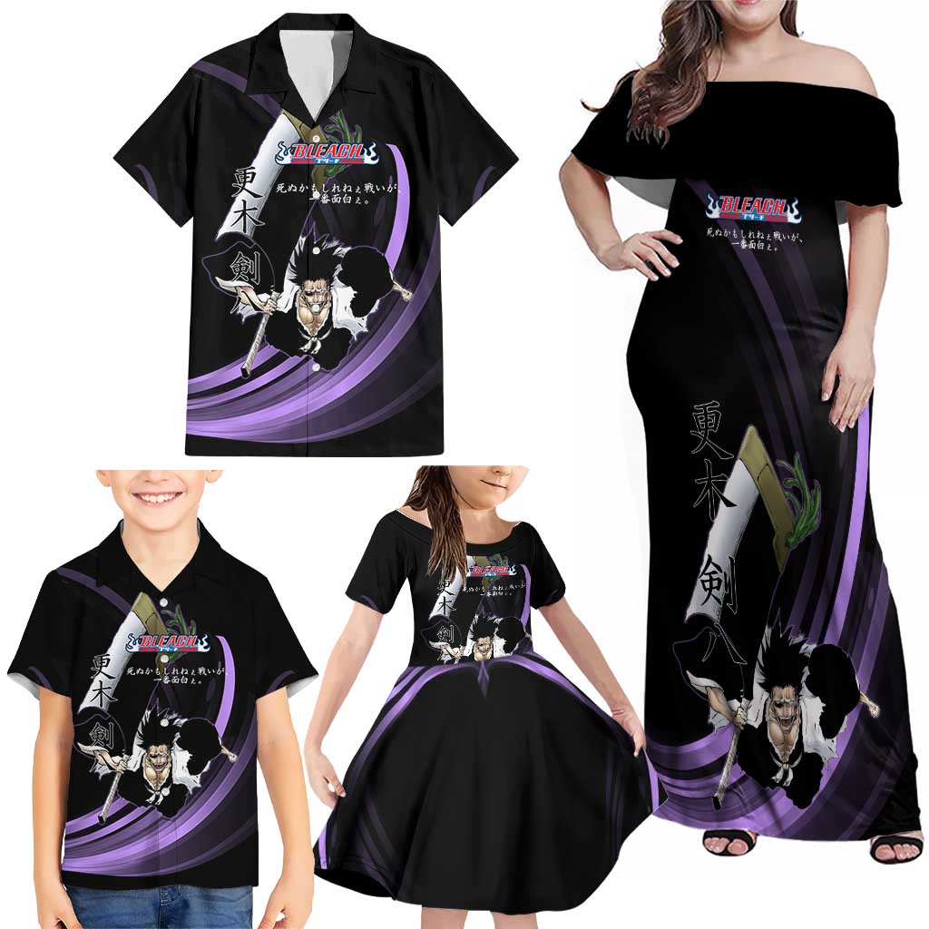 Kenpachi Zaraki Bleach Anime Black and Purple Theme Family Matching Off Shoulder Maxi Dress and Hawaiian Shirt with Battle Stance and Japanese Quote Design