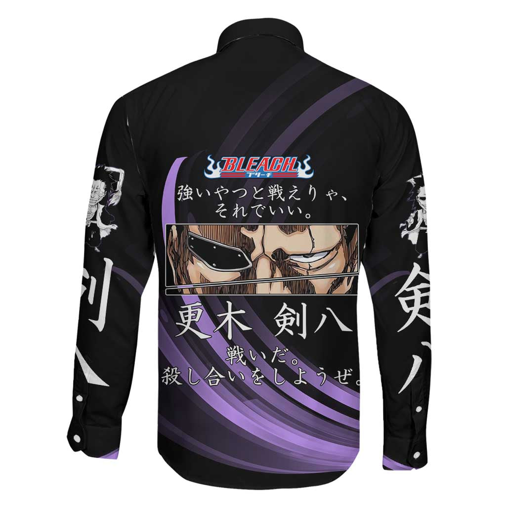 Kenpachi Zaraki Bleach Anime Black and Purple Theme Family Matching Off Shoulder Maxi Dress and Hawaiian Shirt with Battle Stance and Japanese Quote Design