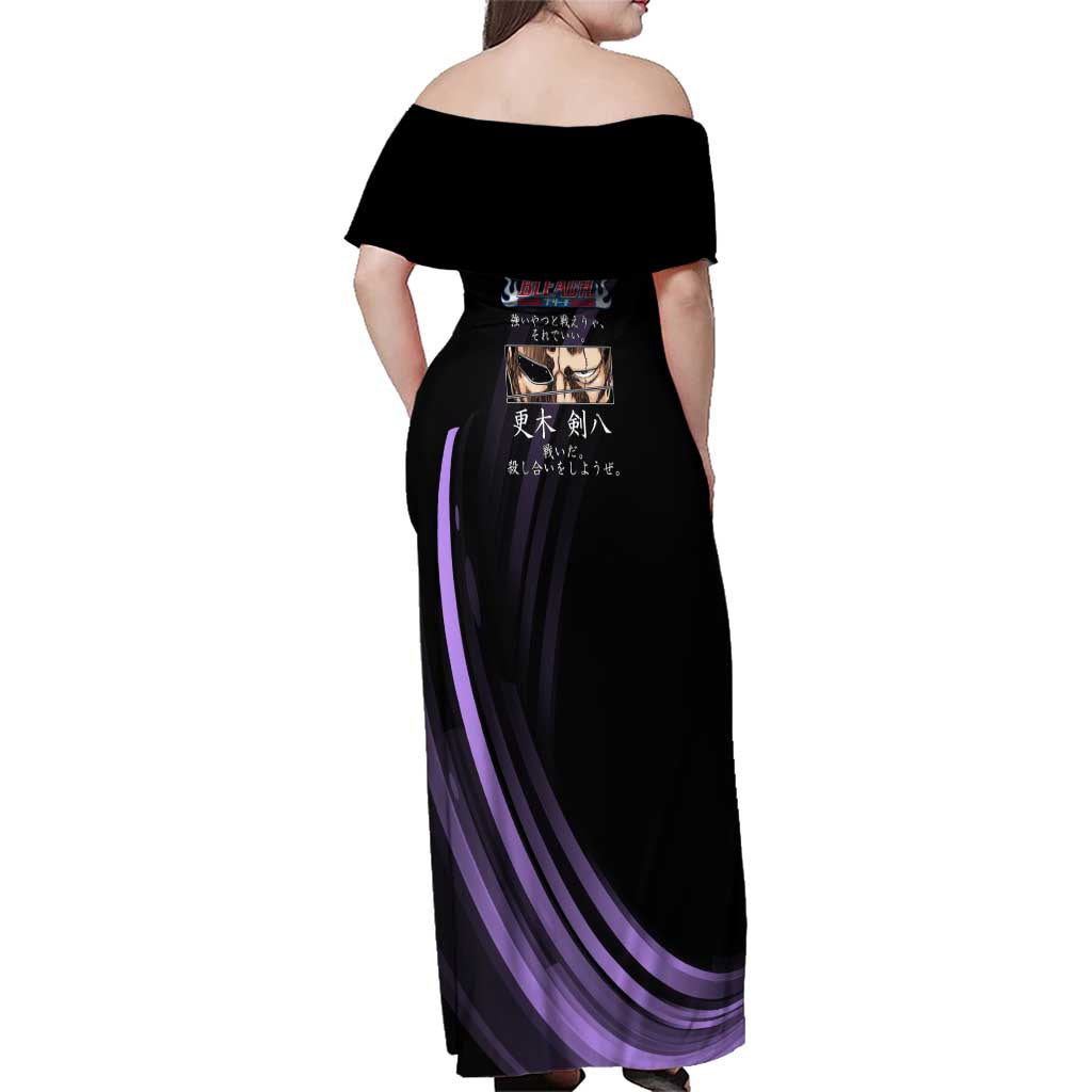 Kenpachi Zaraki Bleach Anime Black and Purple Theme Family Matching Off Shoulder Maxi Dress and Hawaiian Shirt with Battle Stance and Japanese Quote Design