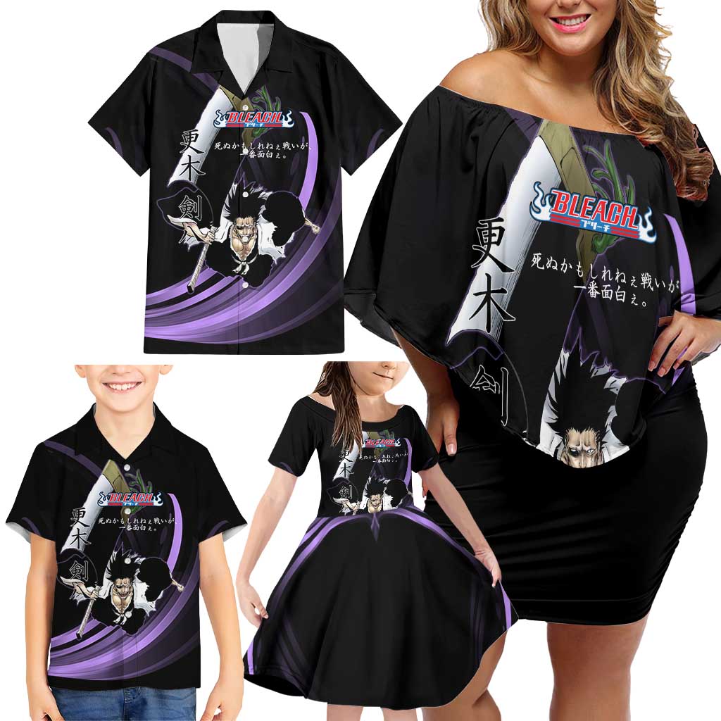 Kenpachi Zaraki Bleach Anime Black and Purple Theme Family Matching Off Shoulder Short Dress and Hawaiian Shirt with Battle Stance and Japanese Quote Design