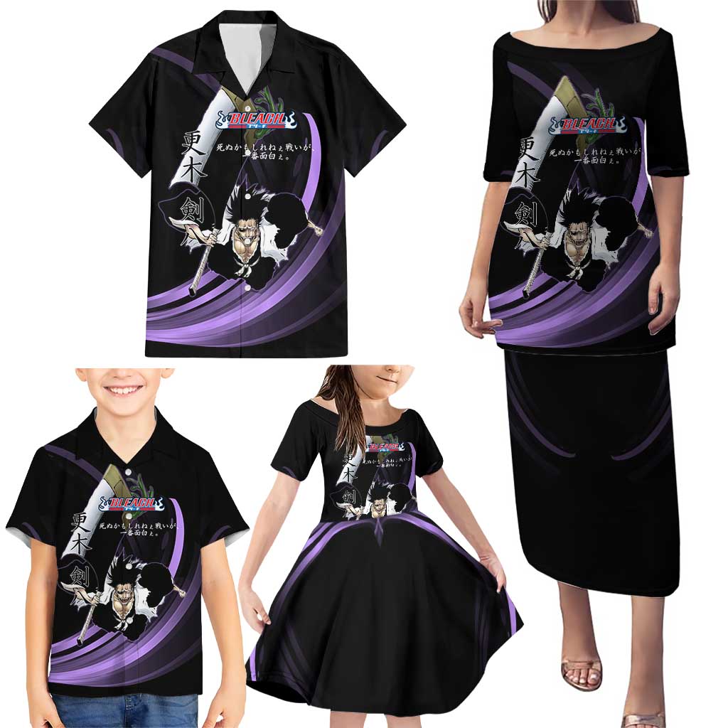 Kenpachi Zaraki Bleach Anime Black and Purple Theme Family Matching Puletasi and Hawaiian Shirt with Battle Stance and Japanese Quote Design