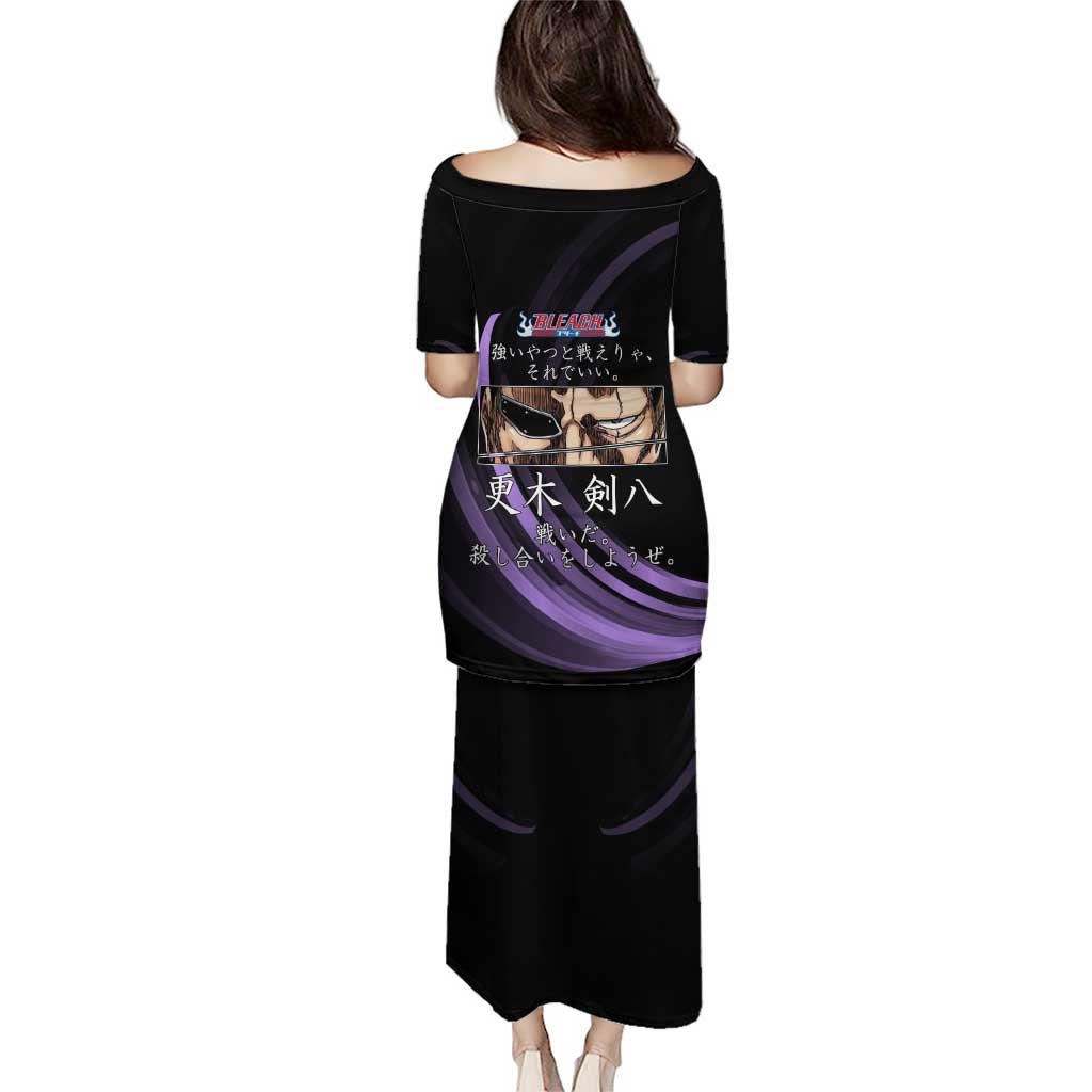 Kenpachi Zaraki Bleach Anime Black and Purple Theme Family Matching Puletasi and Hawaiian Shirt with Battle Stance and Japanese Quote Design
