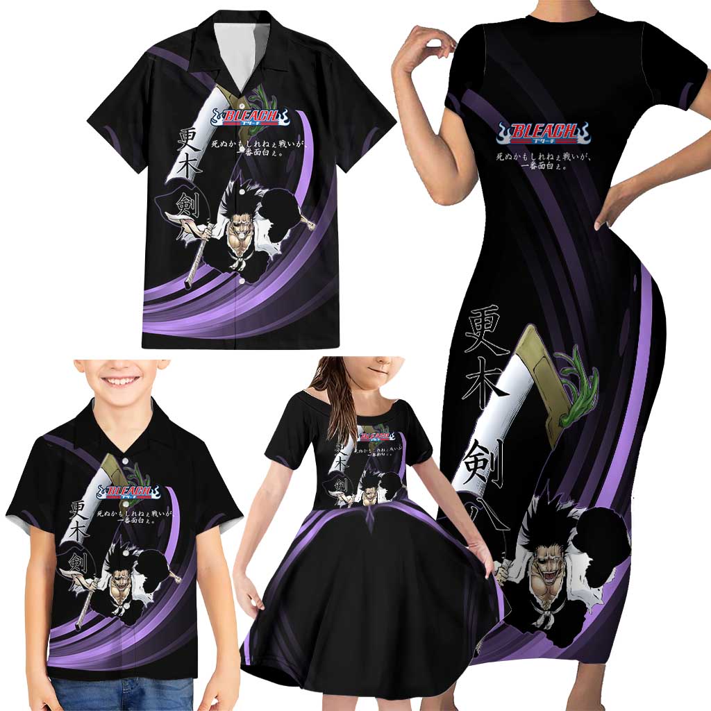 Kenpachi Zaraki Bleach Anime Black and Purple Theme Family Matching Short Sleeve Bodycon Dress and Hawaiian Shirt with Battle Stance and Japanese Quote Design