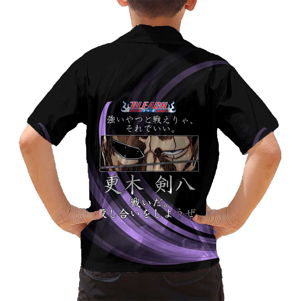 Kenpachi Zaraki Bleach Anime Black and Purple Theme Family Matching Short Sleeve Bodycon Dress and Hawaiian Shirt with Battle Stance and Japanese Quote Design