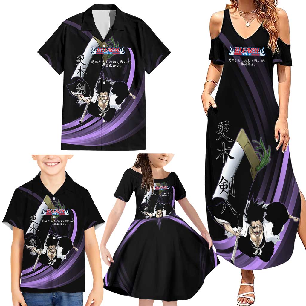 Kenpachi Zaraki Bleach Anime Black and Purple Theme Family Matching Summer Maxi Dress and Hawaiian Shirt with Battle Stance and Japanese Quote Design