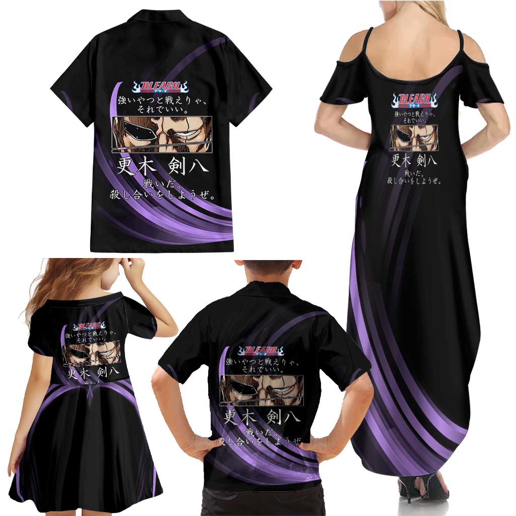 Kenpachi Zaraki Bleach Anime Black and Purple Theme Family Matching Summer Maxi Dress and Hawaiian Shirt with Battle Stance and Japanese Quote Design