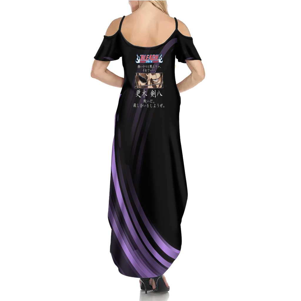 Kenpachi Zaraki Bleach Anime Black and Purple Theme Family Matching Summer Maxi Dress and Hawaiian Shirt with Battle Stance and Japanese Quote Design
