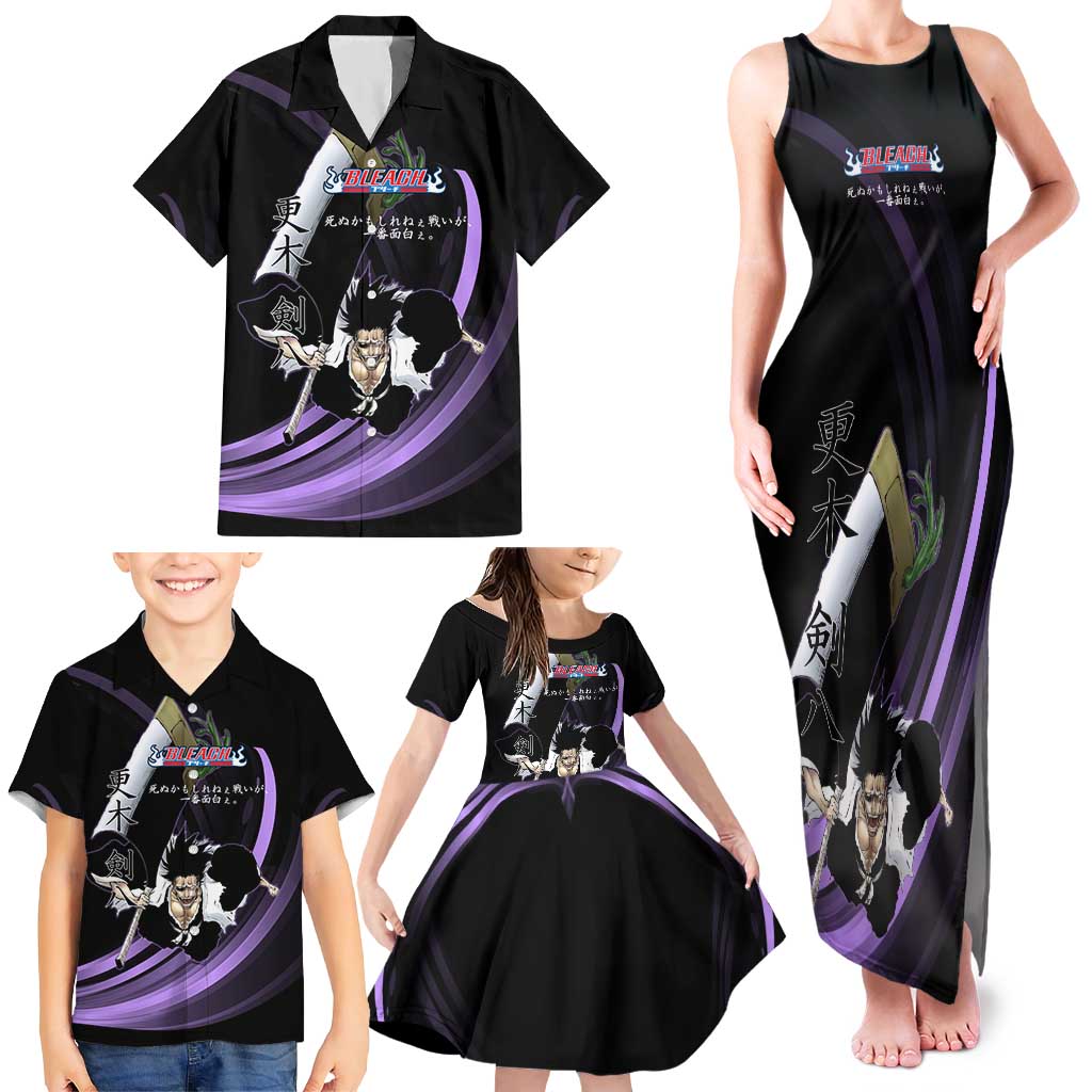 Kenpachi Zaraki Bleach Anime Black and Purple Theme Family Matching Tank Maxi Dress and Hawaiian Shirt with Battle Stance and Japanese Quote Design