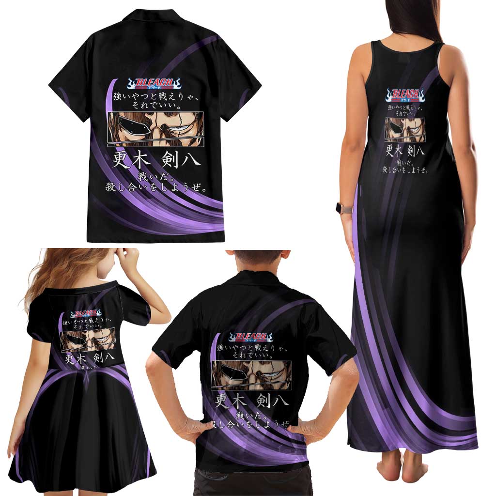 Kenpachi Zaraki Bleach Anime Black and Purple Theme Family Matching Tank Maxi Dress and Hawaiian Shirt with Battle Stance and Japanese Quote Design