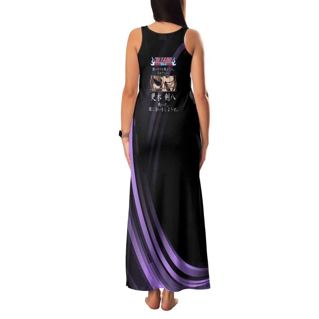 Kenpachi Zaraki Bleach Anime Black and Purple Theme Family Matching Tank Maxi Dress and Hawaiian Shirt with Battle Stance and Japanese Quote Design