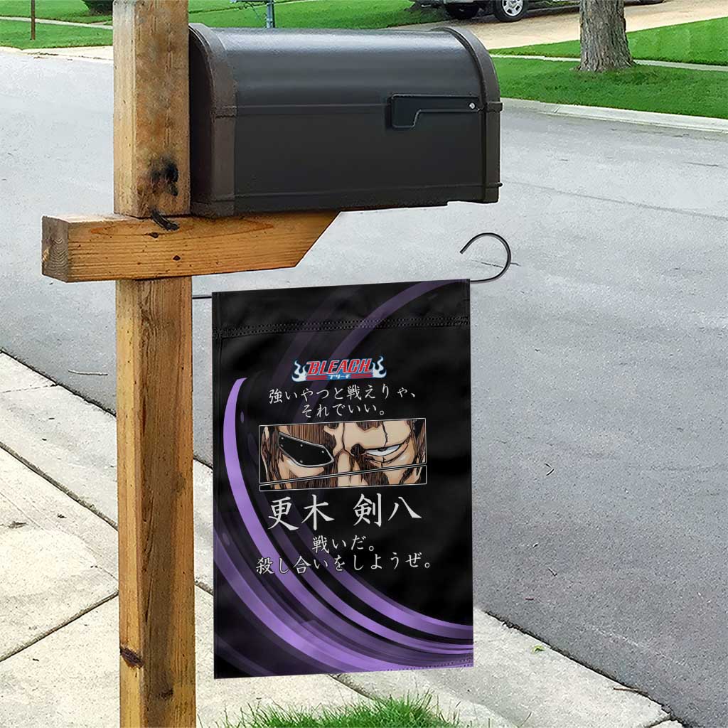 Kenpachi Zaraki Bleach Anime Black and Purple Theme Garden Flag with Battle Stance and Japanese Quote Design - The Mazicc