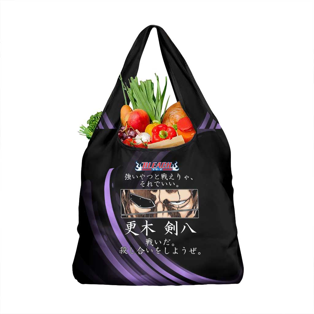 Kenpachi Zaraki Bleach Anime Black and Purple Theme Grocery Bag with Battle Stance and Japanese Quote Design - The Mazicc