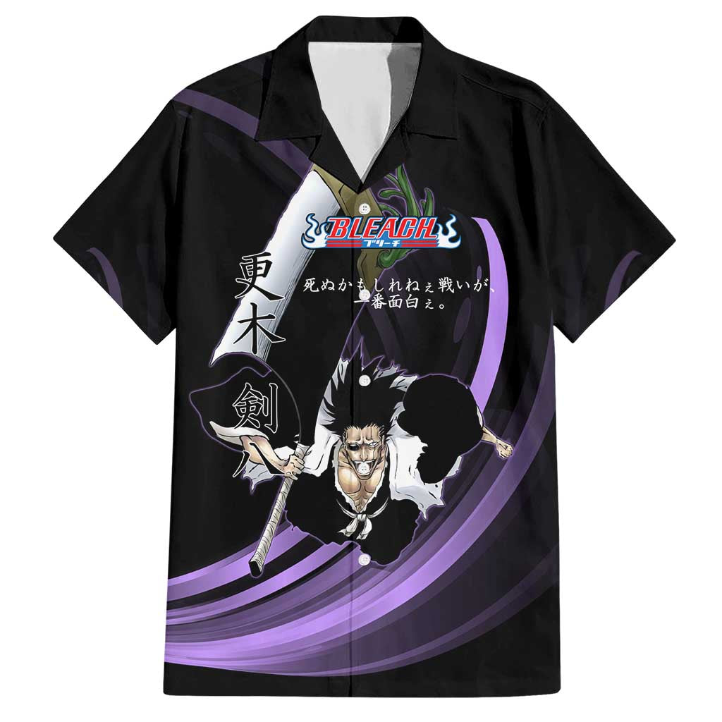 Kenpachi Zaraki Bleach Anime Black and Purple Theme Hawaiian Shirt with Battle Stance and Japanese Quote Design - The Mazicc