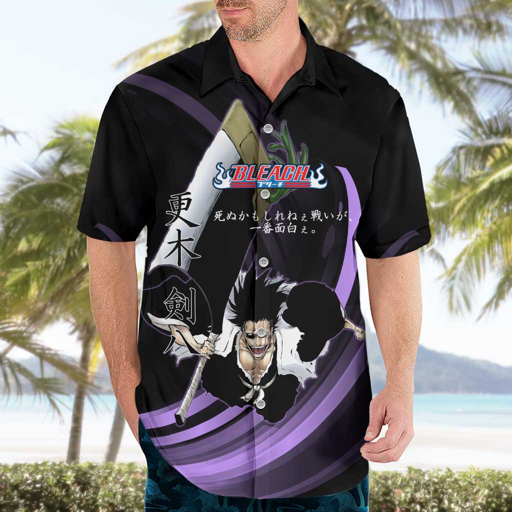 Kenpachi Zaraki Bleach Anime Black and Purple Theme Hawaiian Shirt with Battle Stance and Japanese Quote Design - The Mazicc