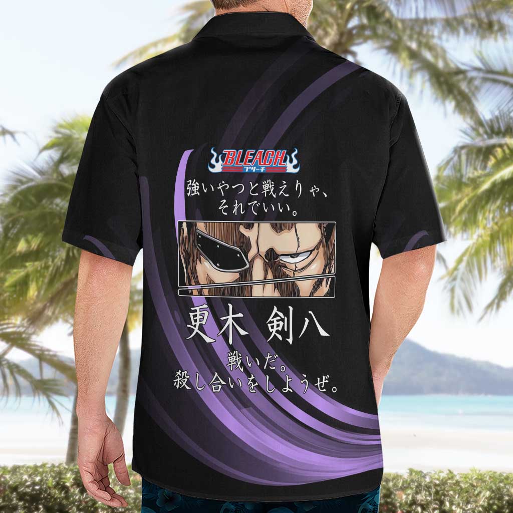 Kenpachi Zaraki Bleach Anime Black and Purple Theme Hawaiian Shirt with Battle Stance and Japanese Quote Design - The Mazicc