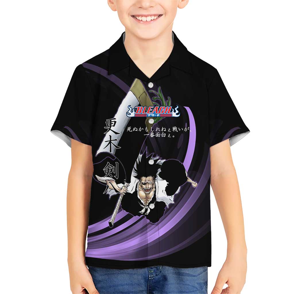 Kenpachi Zaraki Bleach Anime Black and Purple Theme Hawaiian Shirt with Battle Stance and Japanese Quote Design - The Mazicc