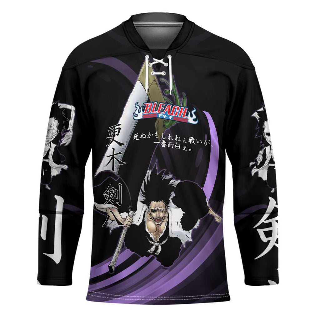 Kenpachi Zaraki Bleach Anime Black and Purple Theme Hockey Jersey with Battle Stance and Japanese Quote Design - The Mazicc