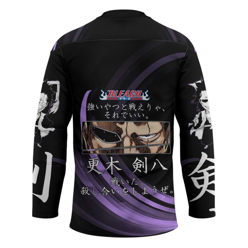 Kenpachi Zaraki Bleach Anime Black and Purple Theme Hockey Jersey with Battle Stance and Japanese Quote Design - The Mazicc