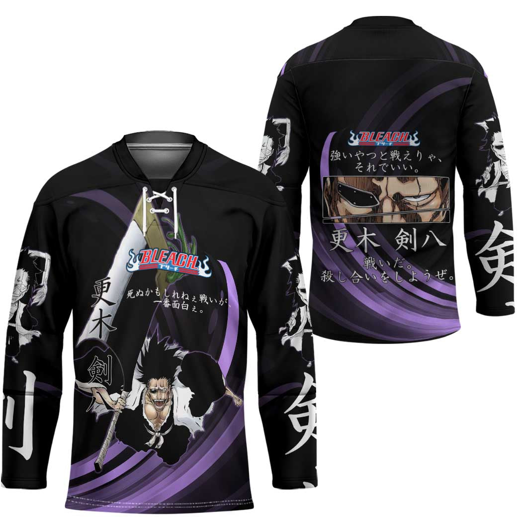 Kenpachi Zaraki Bleach Anime Black and Purple Theme Hockey Jersey with Battle Stance and Japanese Quote Design - The Mazicc