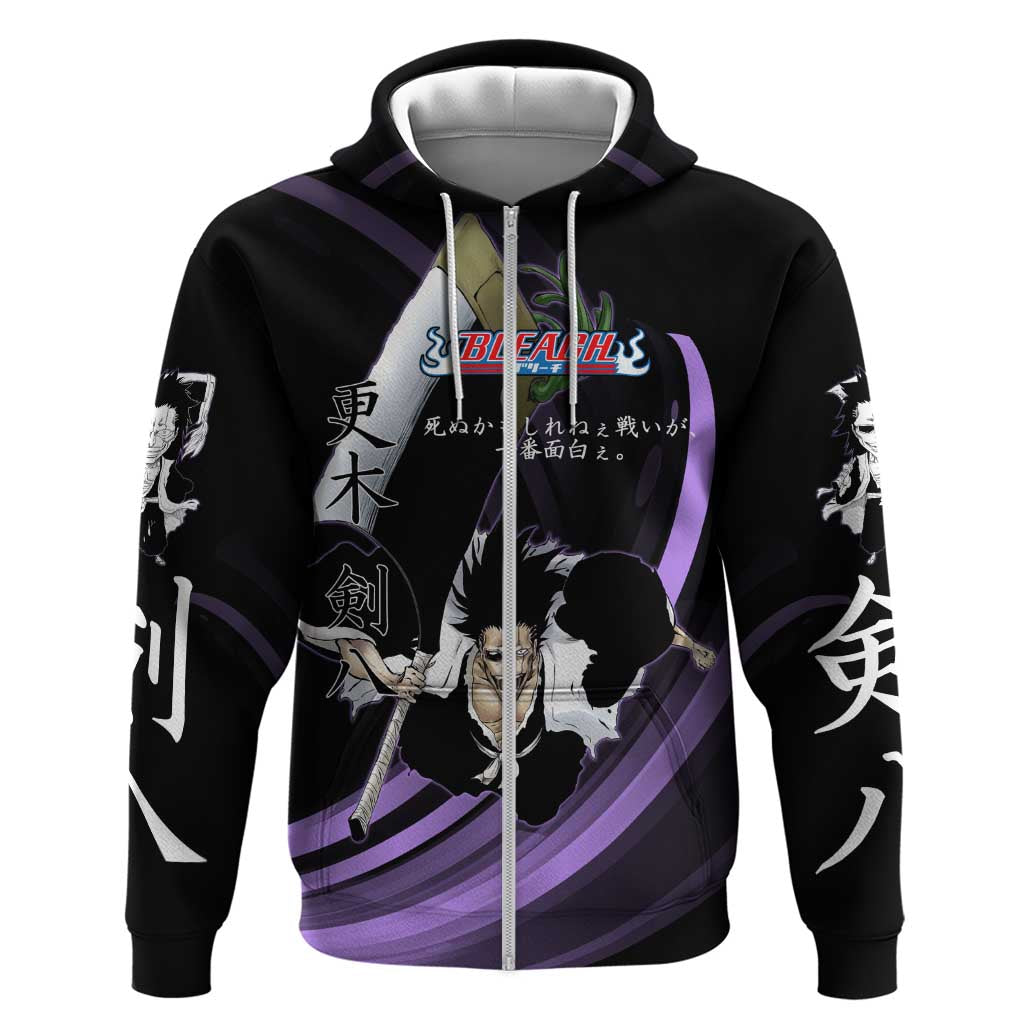 Kenpachi Zaraki Bleach Anime Black and Purple Theme Hoodie with Battle Stance and Japanese Quote Design - The Mazicc