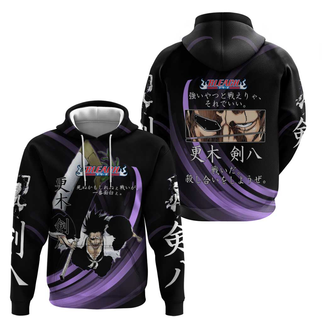 Kenpachi Zaraki Bleach Anime Black and Purple Theme Hoodie with Battle Stance and Japanese Quote Design - The Mazicc
