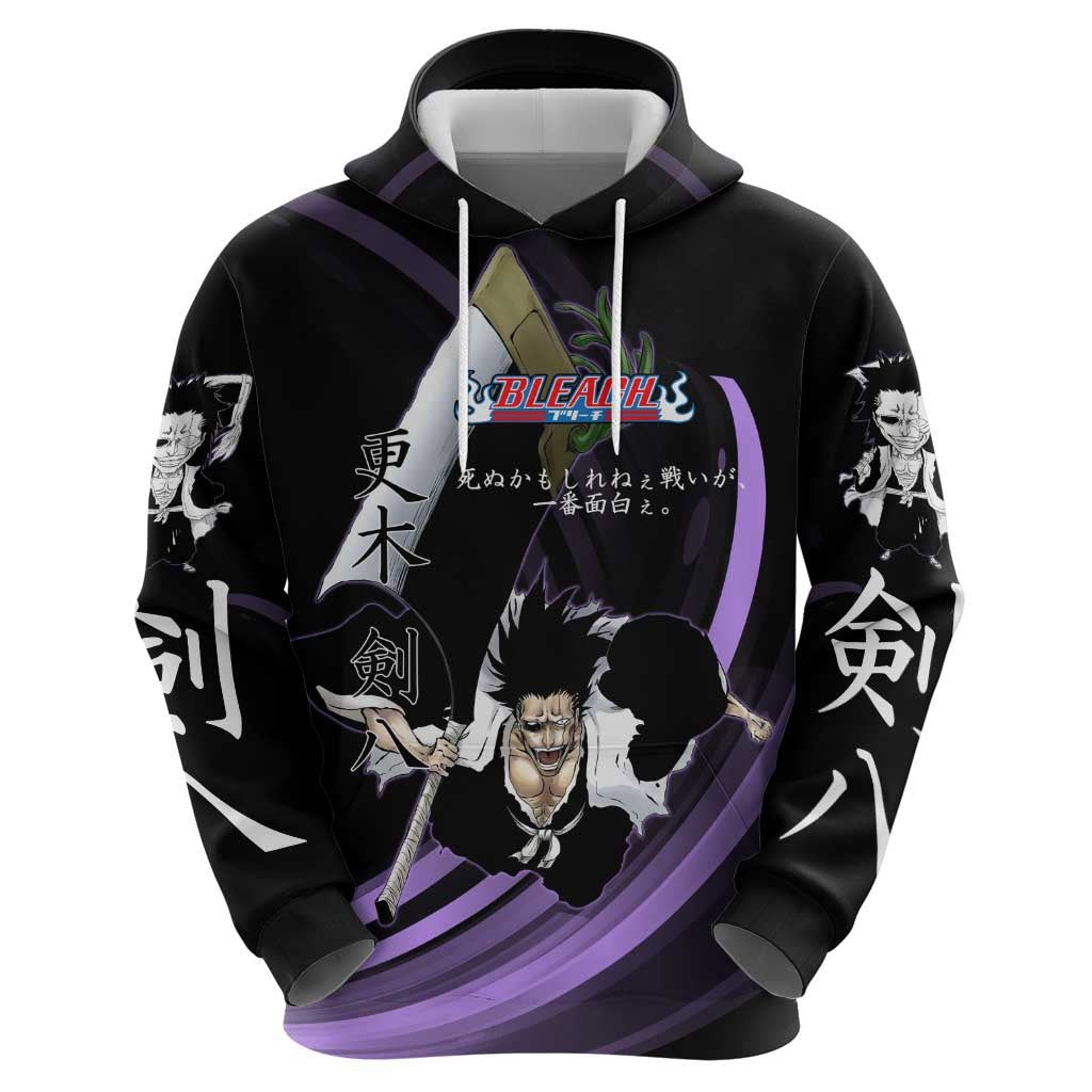 Kenpachi Zaraki Bleach Anime Black and Purple Theme Hoodie with Battle Stance and Japanese Quote Design - The Mazicc