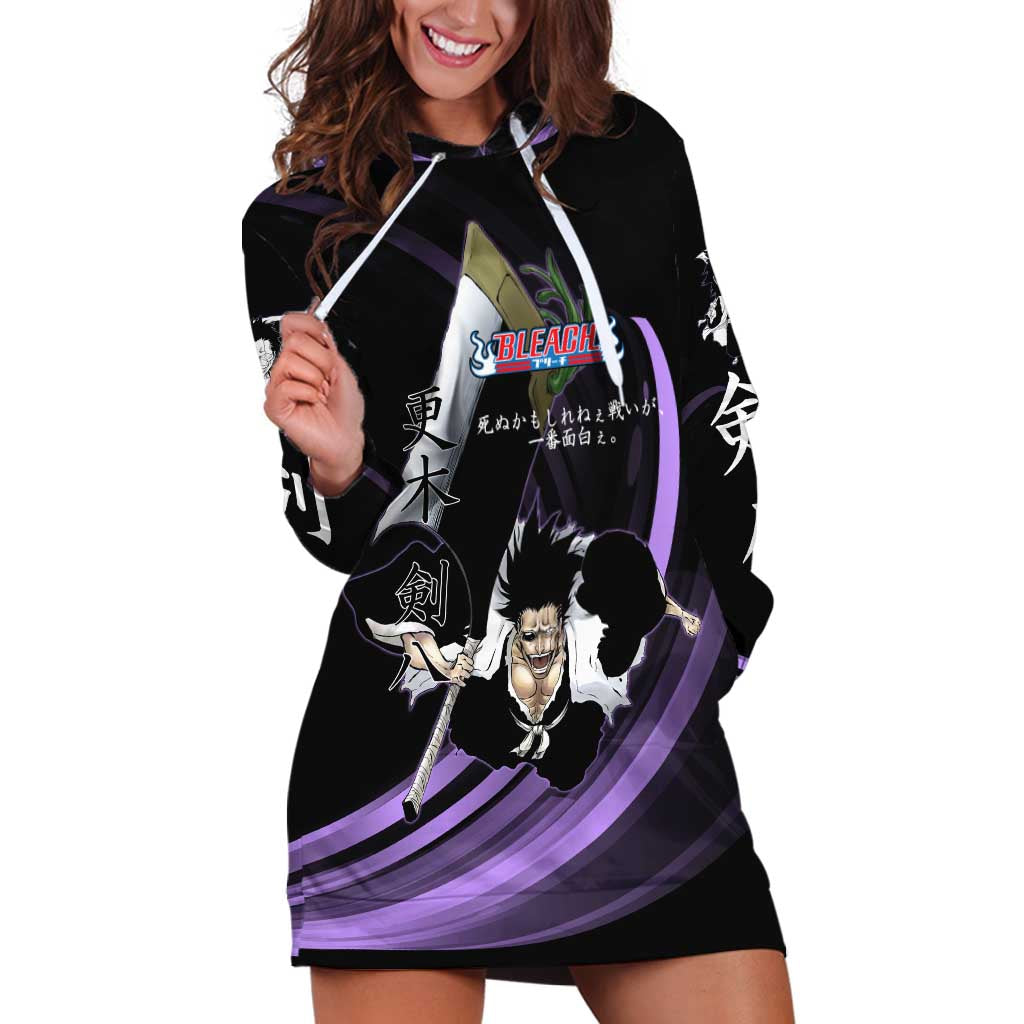 Kenpachi Zaraki Bleach Anime Black and Purple Theme Hoodie Dress with Battle Stance and Japanese Quote Design - The Mazicc