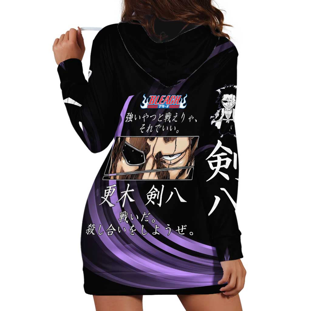 Kenpachi Zaraki Bleach Anime Black and Purple Theme Hoodie Dress with Battle Stance and Japanese Quote Design - The Mazicc