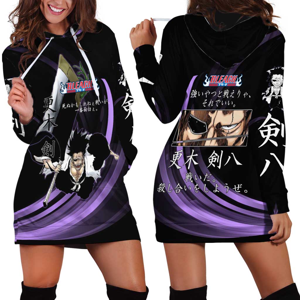 Kenpachi Zaraki Bleach Anime Black and Purple Theme Hoodie Dress with Battle Stance and Japanese Quote Design - The Mazicc