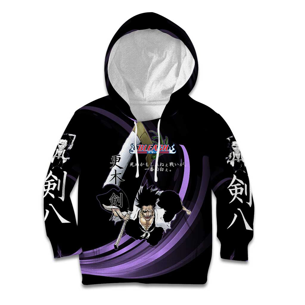 Kenpachi Zaraki Bleach Anime Black and Purple Theme Kid Hoodie with Battle Stance and Japanese Quote Design - The Mazicc