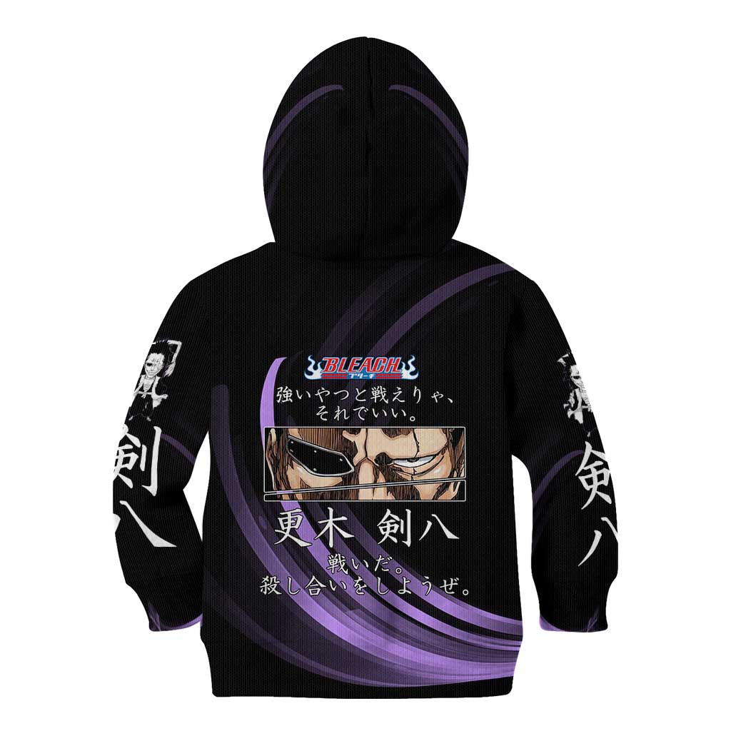 Kenpachi Zaraki Bleach Anime Black and Purple Theme Kid Hoodie with Battle Stance and Japanese Quote Design - The Mazicc