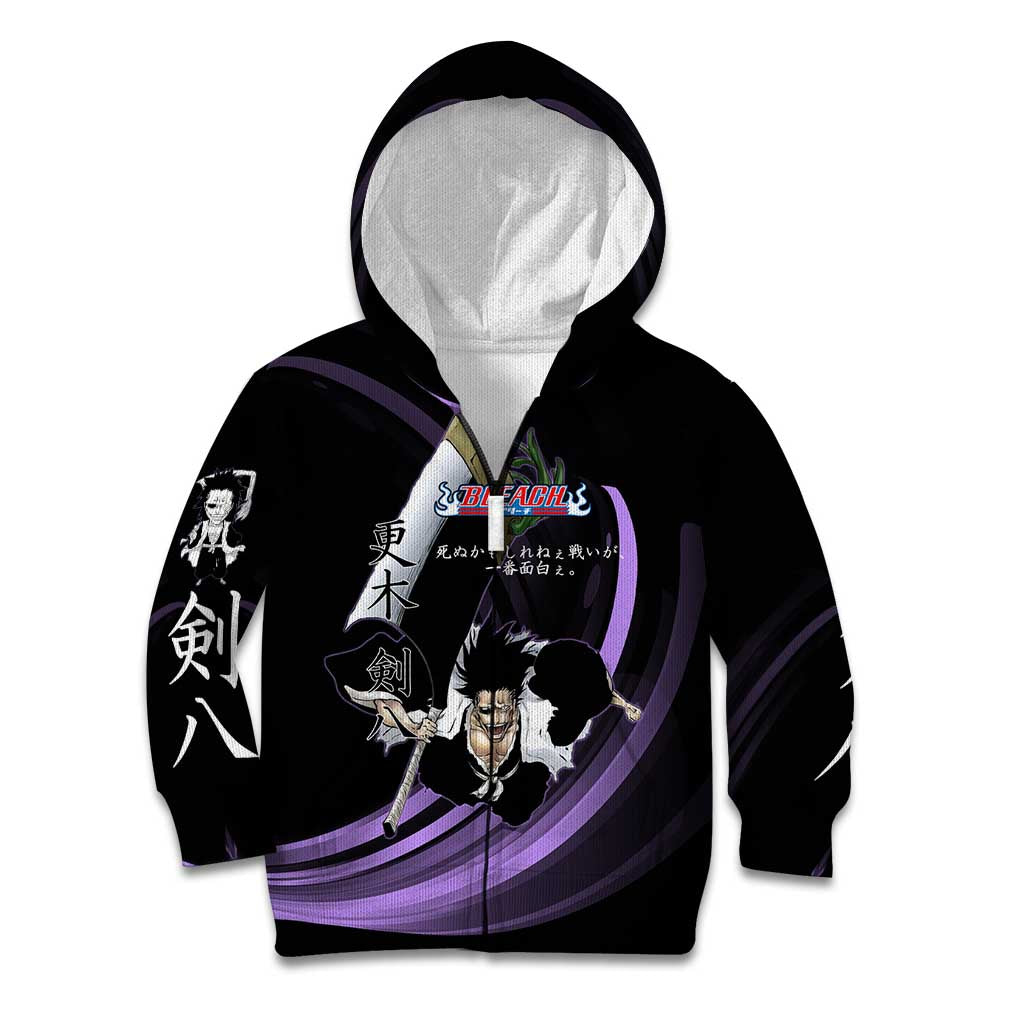 Kenpachi Zaraki Bleach Anime Black and Purple Theme Kid Hoodie with Battle Stance and Japanese Quote Design - The Mazicc