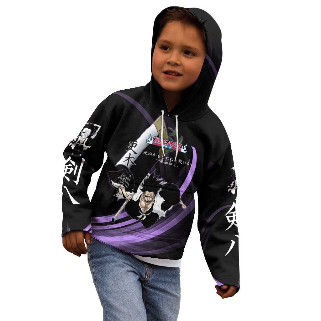 Kenpachi Zaraki Bleach Anime Black and Purple Theme Kid Hoodie with Battle Stance and Japanese Quote Design - The Mazicc