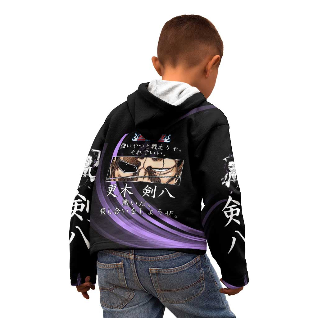 Kenpachi Zaraki Bleach Anime Black and Purple Theme Kid Hoodie with Battle Stance and Japanese Quote Design - The Mazicc
