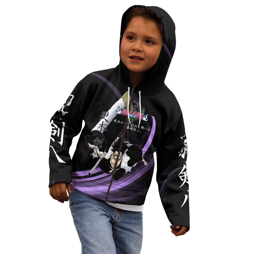 Kenpachi Zaraki Bleach Anime Black and Purple Theme Kid Hoodie with Battle Stance and Japanese Quote Design - The Mazicc