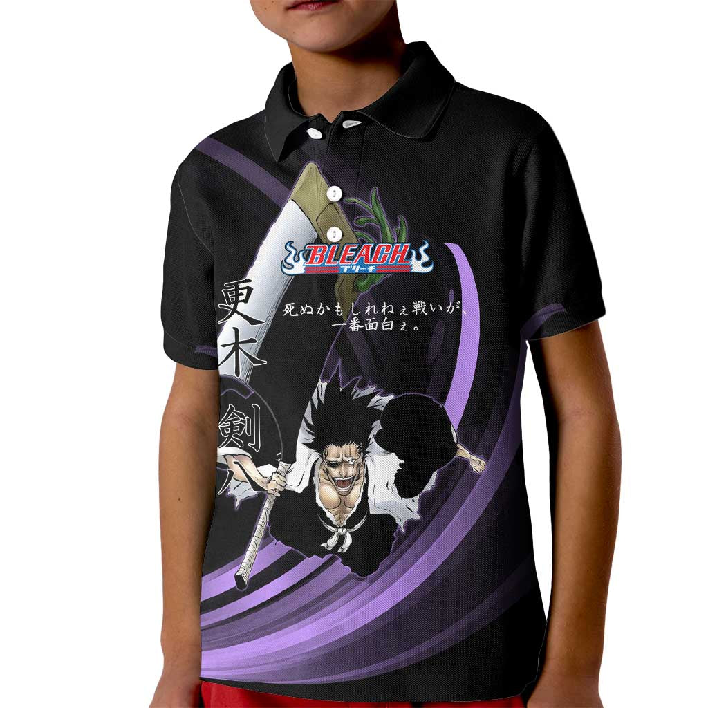Kenpachi Zaraki Bleach Anime Black and Purple Theme Kid Polo Shirt with Battle Stance and Japanese Quote Design - The Mazicc